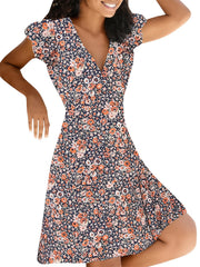 Floral Print V Neck Slim Dress Short Sleeve Casual Dress For Fall & Spring