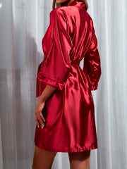 Satin V Neck Night Robe 3 4 Sleeve with Belt