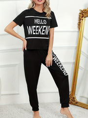 Letter Print Lounge Set Short Sleeve Crew Neck Top & Pants