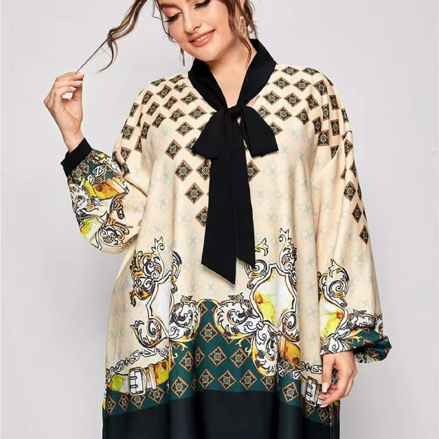 Blouse Women's Plus Tribal Print Lantern Sleeve Knot V Neck Tunic Top