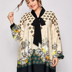 Blouse Women's Plus Tribal Print Lantern Sleeve Knot V Neck Tunic Top
