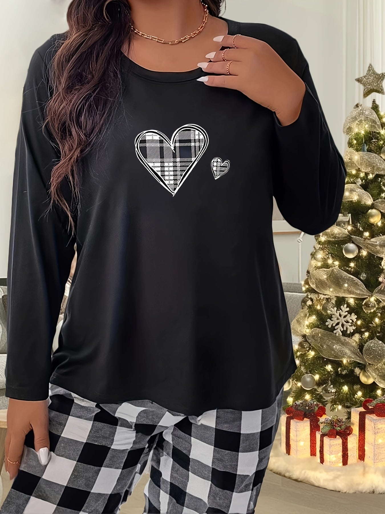 Women's Plaid Heart Graphic Long Sleeve Crew Neck Home Wear Tee