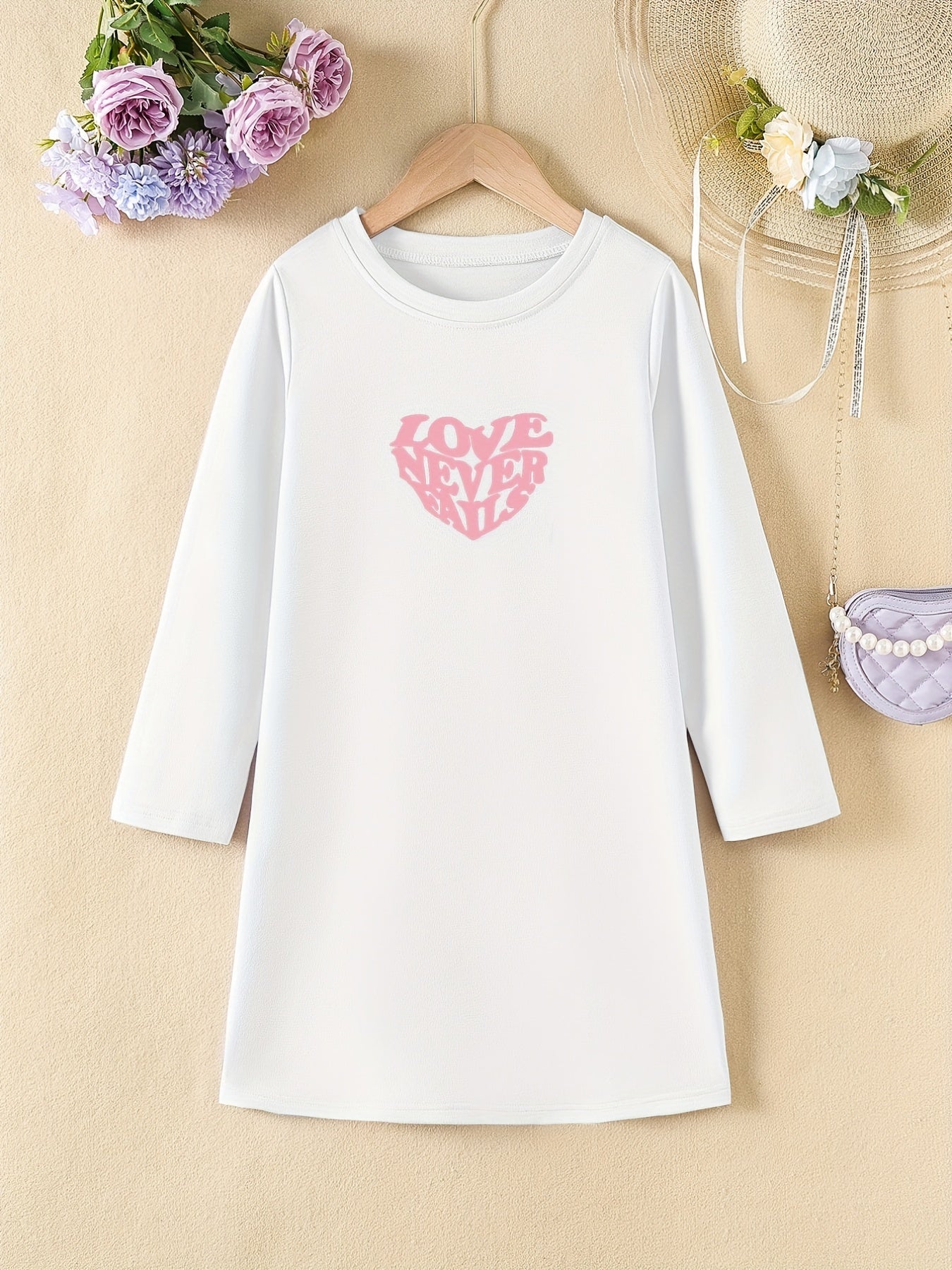 Girls' Heart Print Long Sleeve Dress for Spring Fall
