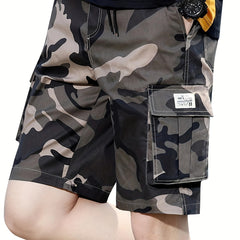 Men's Camo Cotton Cargo Shorts - Elastic Waist - Summer Outdoor Wear