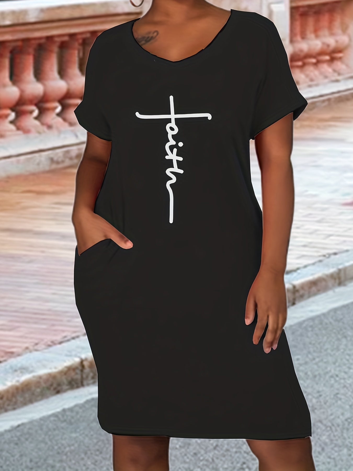 Casual Dress Women's Plus Letter Print Short Sleeve V Neck Dress