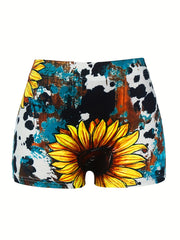 Women's Plus Sunflower & Art Letter Print Tie Dye Elastic High Rise Shorts