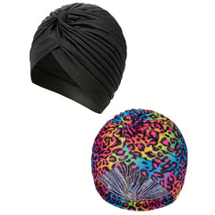 2pcs Leopard Turban Cap BowKnot Head Wraps Elastic Ramadan Scarf Chemo Hats