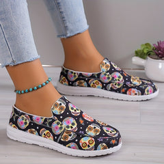 Women's Skull Ghost Pattern Slip on Loafers Lightweight Non slip Flat Shoes