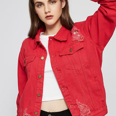 Red Distressed Deco Fit Jacket Red Coat Women's Denim Coat