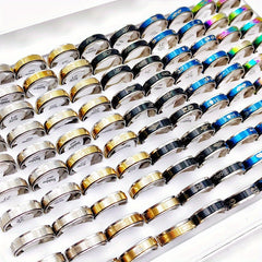 50Pcs Love Heart Stainless Steel Rings - Mix Style Colorful Luminous Stripe Jewe