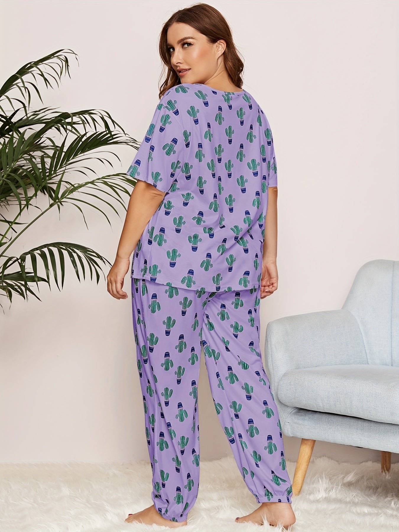 Cactus Print Pajama Set Short Sleeve Top & Pants Two Piece Set