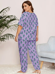 Cactus Print Pajama Set Short Sleeve Top & Pants Two Piece Set