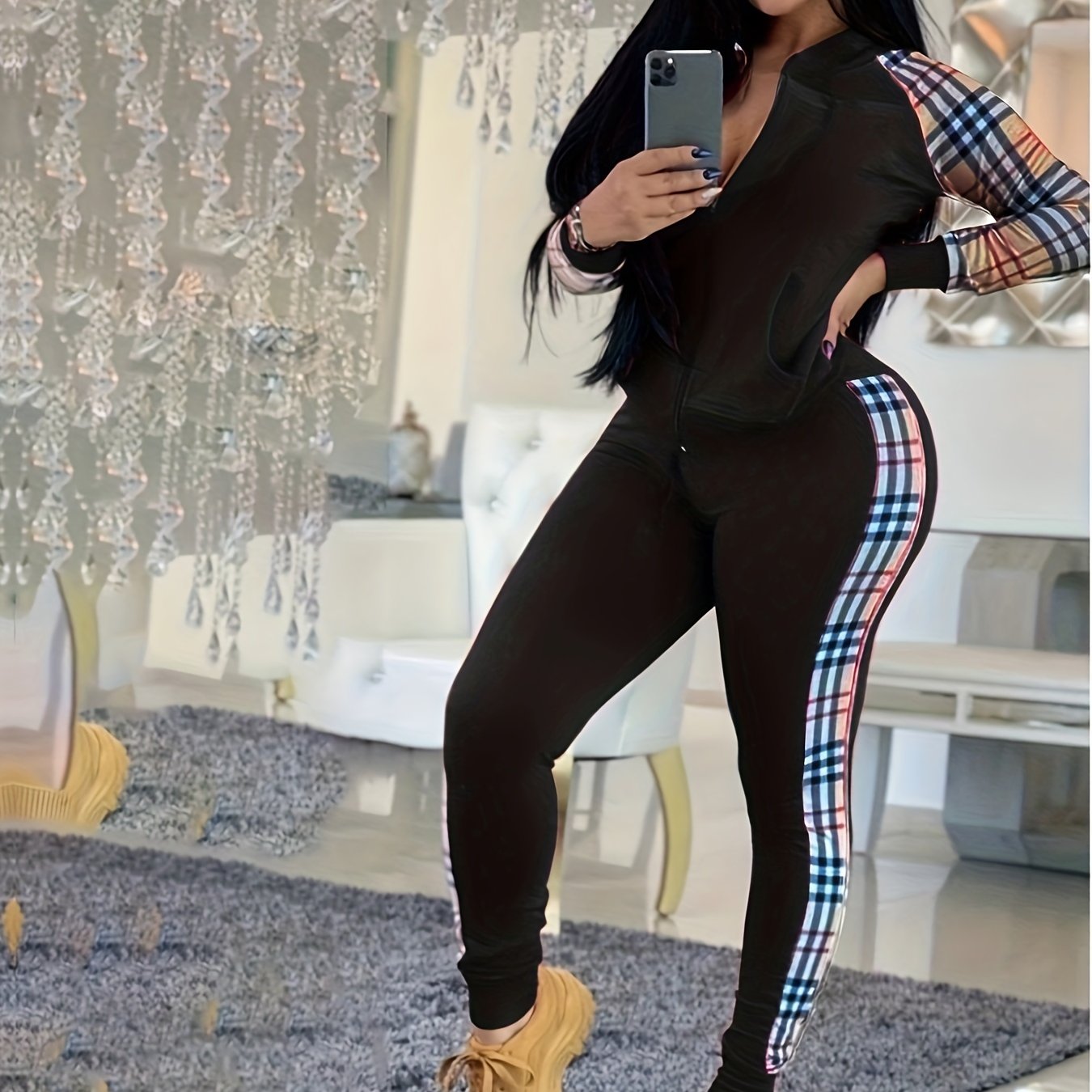 Plaid Print Hoodie & Pants Set