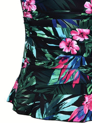 Tropical Print Tankini Set with Ruffle Trim Cami Top & Bottoms