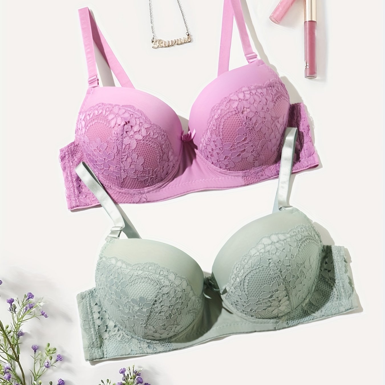 2pcs Lace Push Up Bras Comfy & Breathable Intimates Women's Lingerie