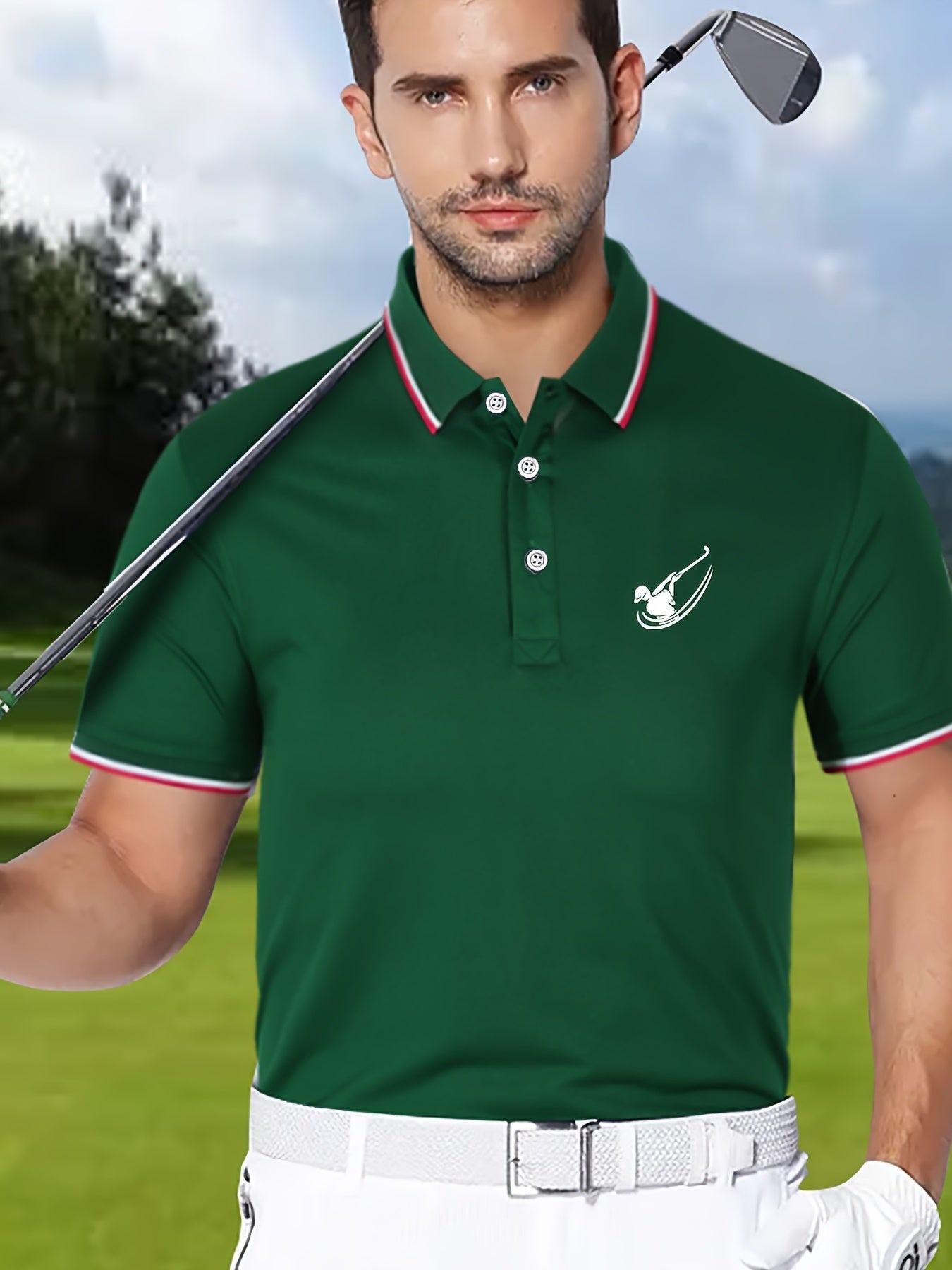 Men's Golf Print Polo Shirt Casual Stretch Lapel Button Short Sleeve