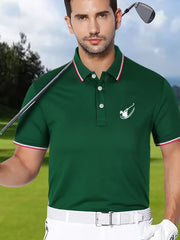 Men's Golf Print Polo Shirt Casual Stretch Lapel Button Short Sleeve