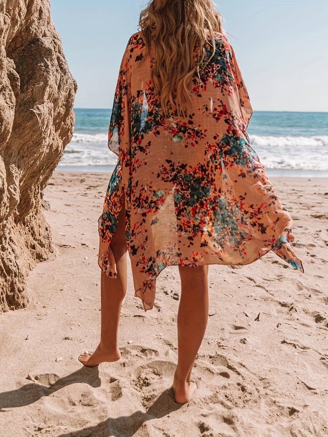 Print Cover Up Loose Fit Split Beachwear Kimono Women's Swimwear