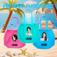 Custom Photo Beach Bag Pink Green Mesh Tote Ergonomic Strap