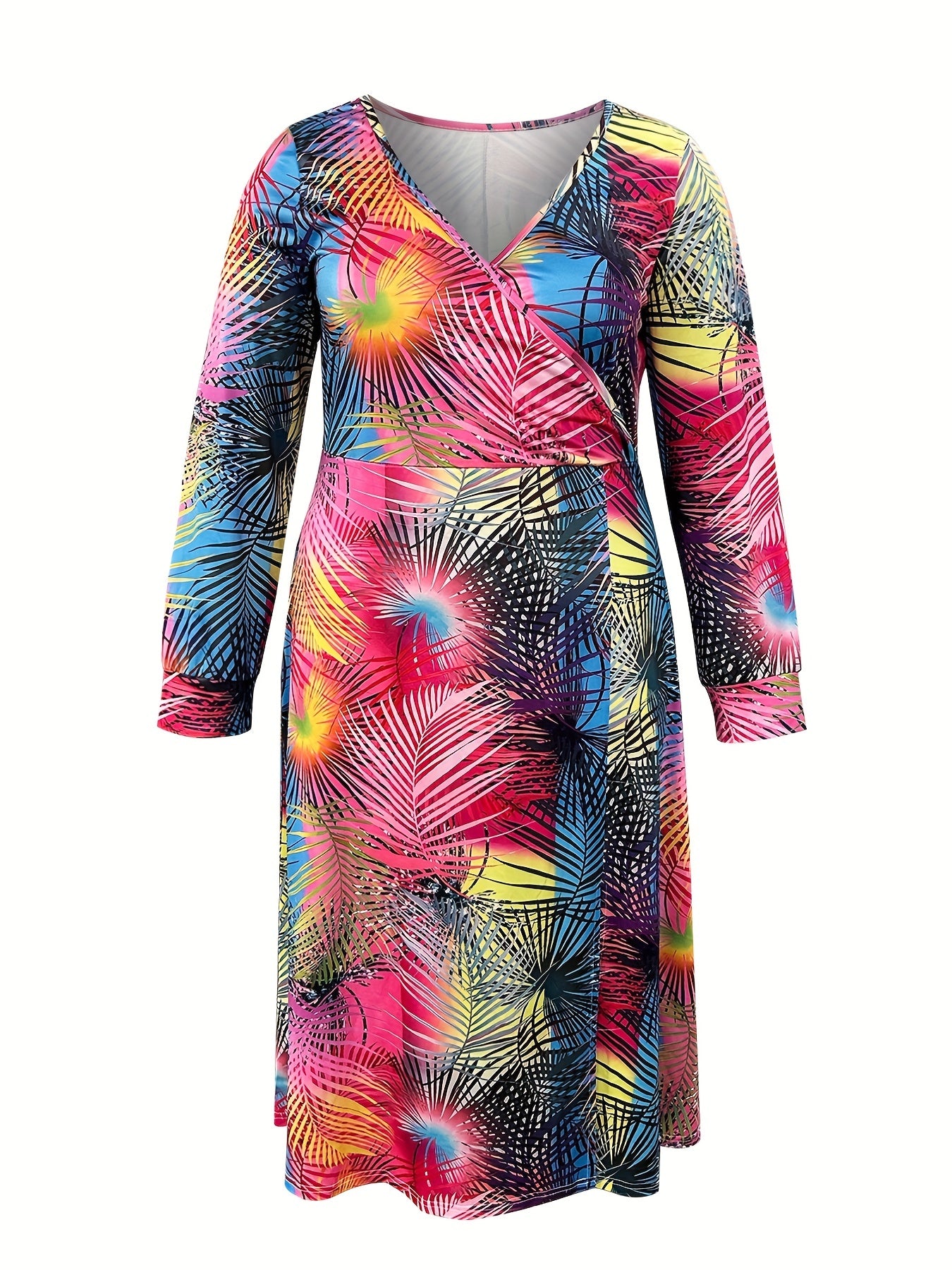 Women's Plus Tropical Print Long Sleeve Surplice Neck Dress