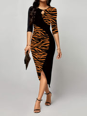 Graphic Print Splicing Dress Sexy Bodycon Crew Neck Keyhole Dress