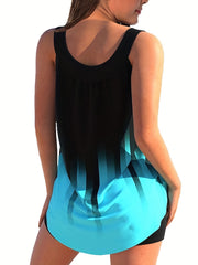 Colorblock Ombre Print Tank Top & Shorts 2pcs Bathing Suit Set