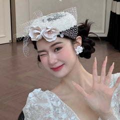 Floral Bridal Headpiece Set with Veil Mini Hat Style