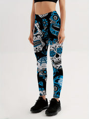 Flower & Skull Print Yoga Leggings Halloween Fitness Workout Pants