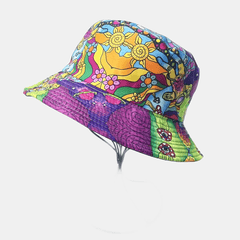Boho Cartoon Print Bucket Hat Purple Mushroom Vintage Block Basin Hat