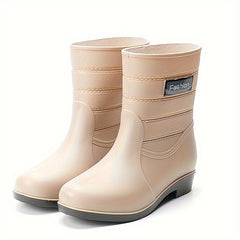 Mid Calf Waterproof Rain Boots PVC Flat Round Toe Thermal Rain Shoes