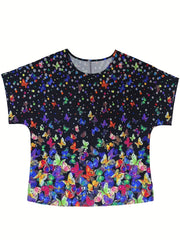 Colorful Butterfly & Dot Print Batwing Sleeve Round Neck Shirt Top
