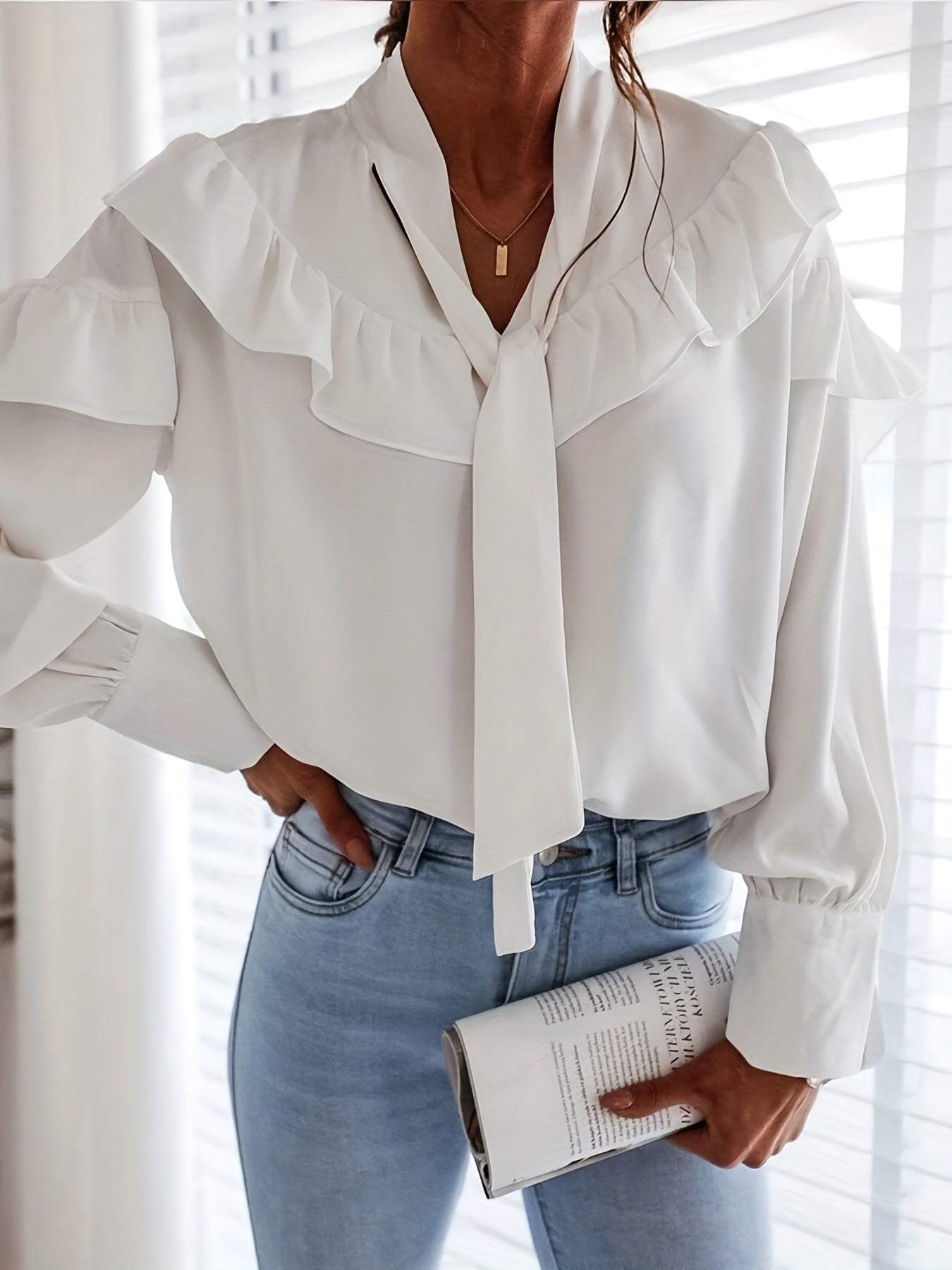 Casual Blouse Women's Plus Ruffle Trim Long Sleeve Loose Fit Shirt