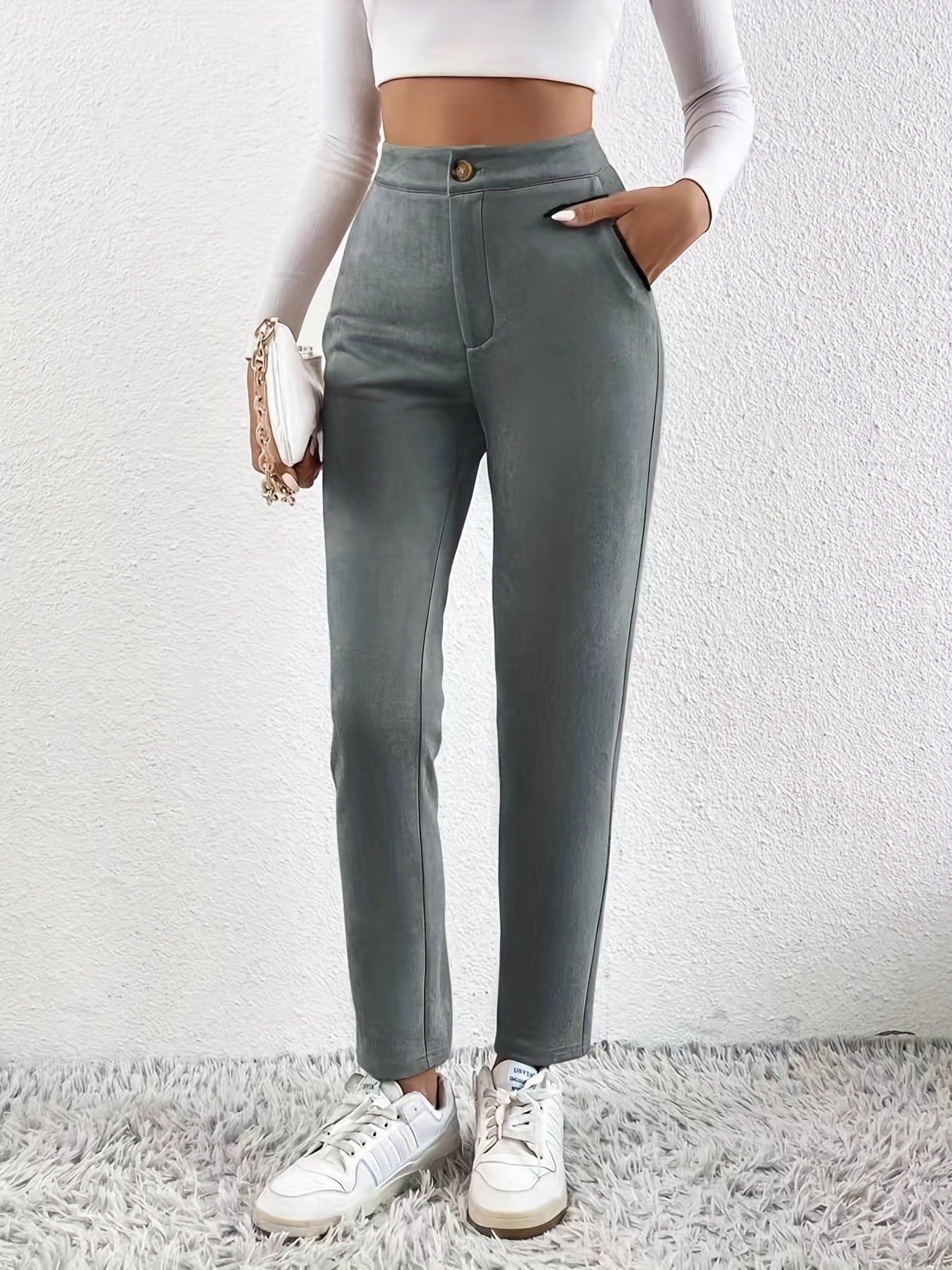 Solid High Waist Pants Casual Long Length Work Office Pants Women's Clothing