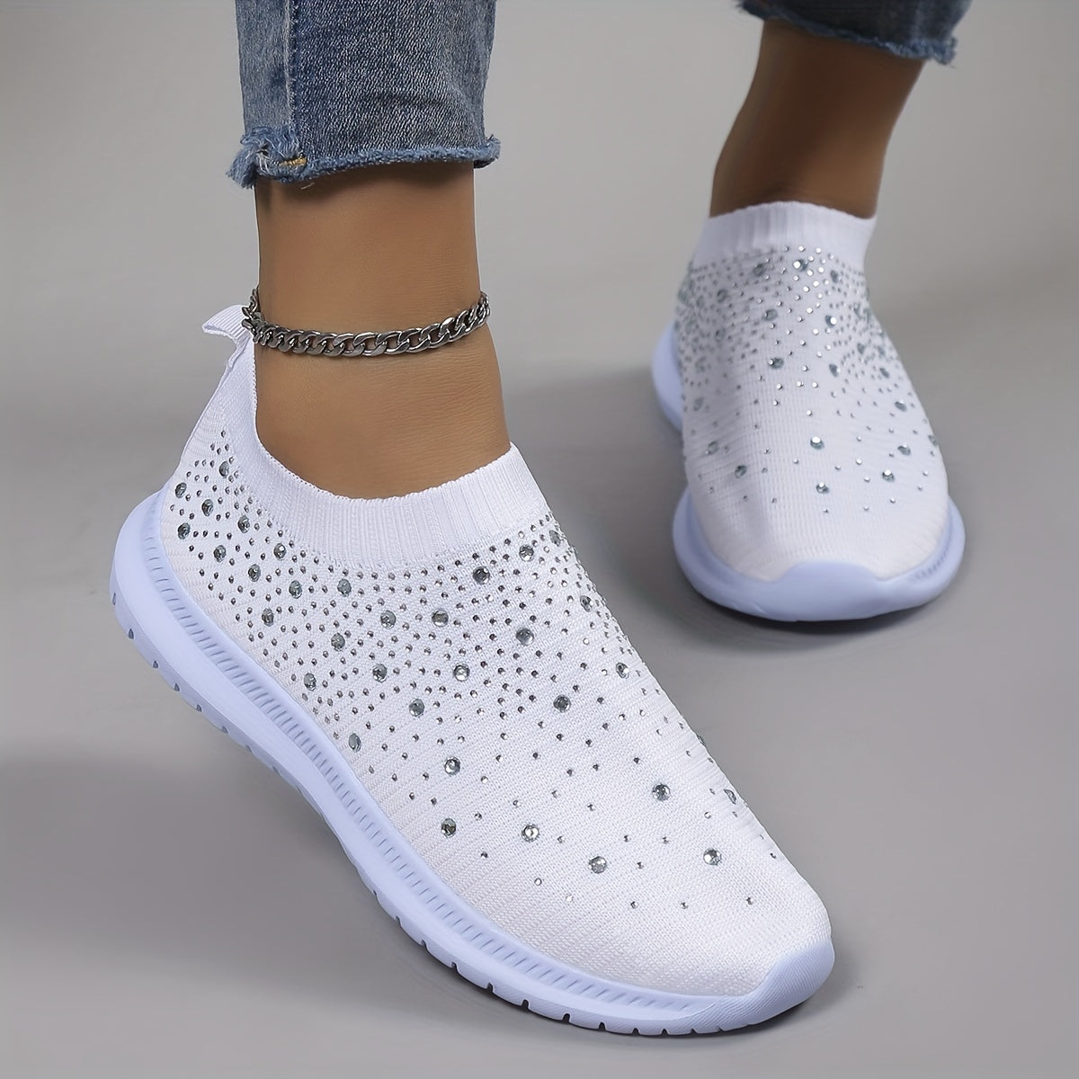 Women's Rhinestone Decor Sneakers Lace Up Slip On Shoes