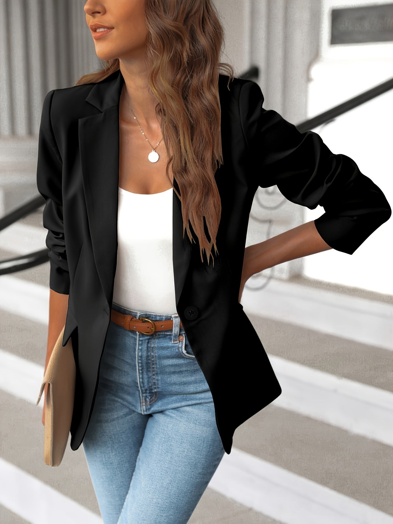 Solid Lapel Blazer Jacket Long Sleeve Work Office Women's Clothing