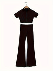 Yoga Workout Set Short Sleeve Top & Slim Fit Flare Pants