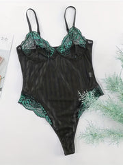 Floral Lace Striped Teddy Scallop Trim Bodysuit Women's Lingerie