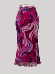 Mesh Skirt Tie Waist All Over Print Casual Spring Summer Women's Clothing