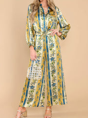 Floral & Geo Print Long Sleeve Button Up Shirt & Drawstring Pants