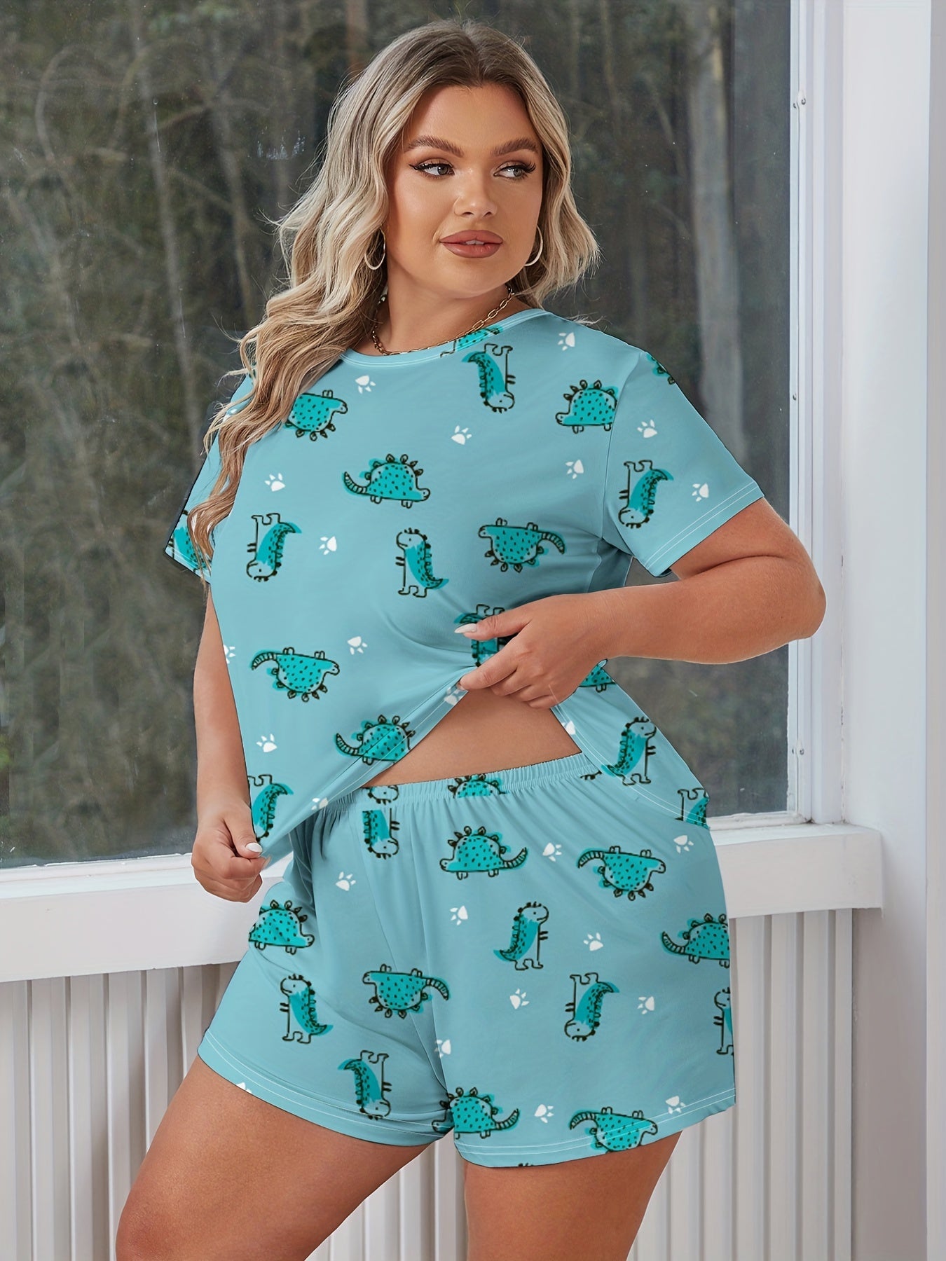 Plus Dinosaur Print Tee & Pants Set Women's Plus Size Loungewear 2pcs Set