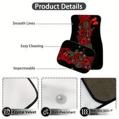 4pcs Rose Flowers Car Seat Cover Set, Front and Rear Seat Mat