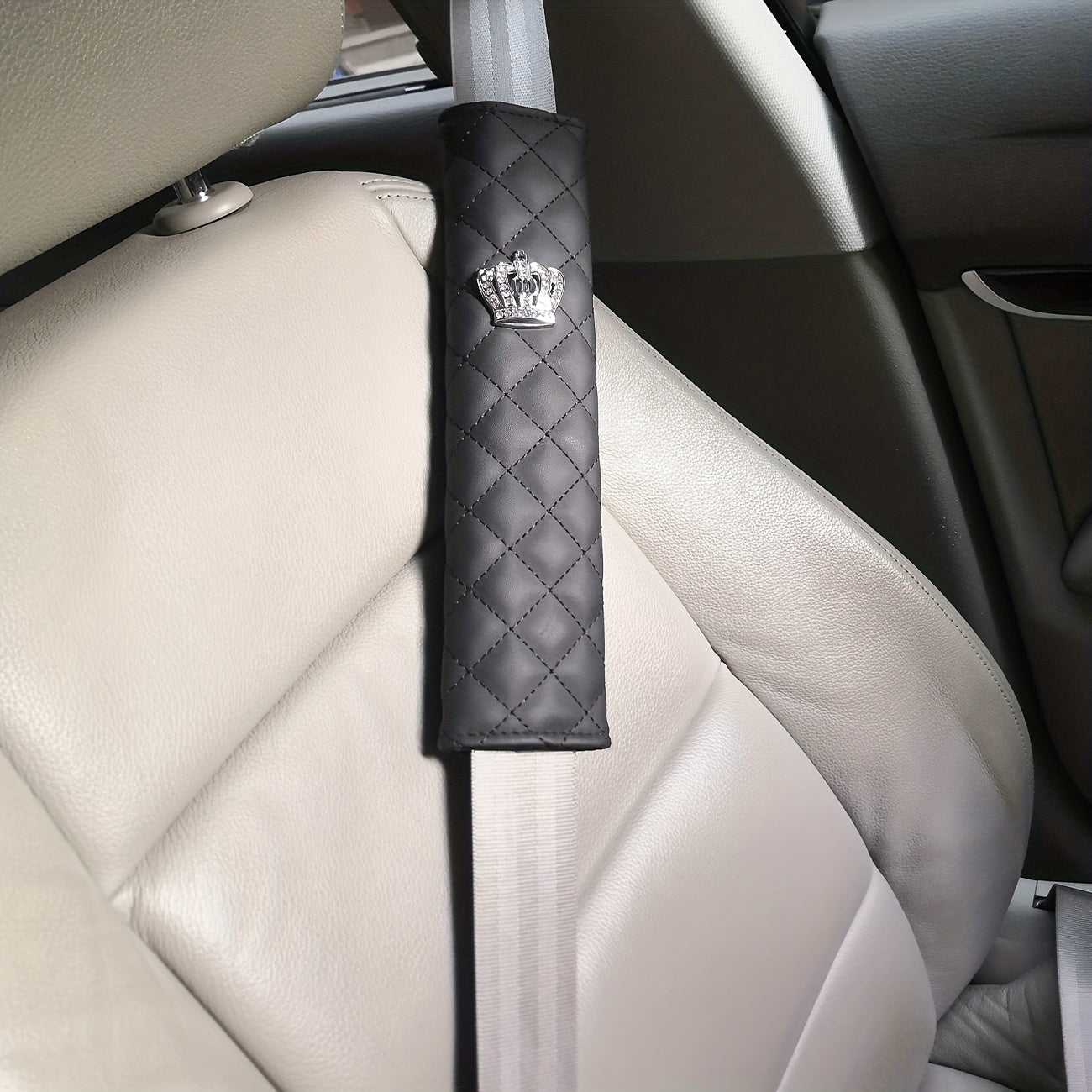 Crown Seat Belt Shoulder Protector Rhinestone PU Leather