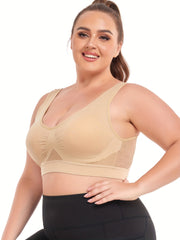Breathable Eyelet Solid Push Up Non Underwire Sports Bra Women's Plus