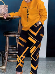 Women's Plus Letter Print Sleep Round Neck Tunic Top & Pants Outfits Set