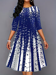 Women's Plus Polka Dot & Stripe Print Round Neck A-line Maxi Dress