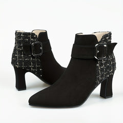 Women's Tweed High Heel Ankle Boots with Buckle Strap