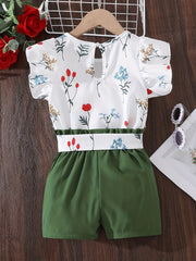 Girl's Floral Pattern Ruffle Sleeve Shirt & Belted Shorts Set