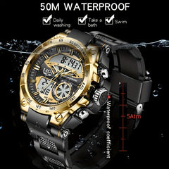 LIGE Sports Dual Display Watch 50M Waterproof Quartz Military Alarm Clock