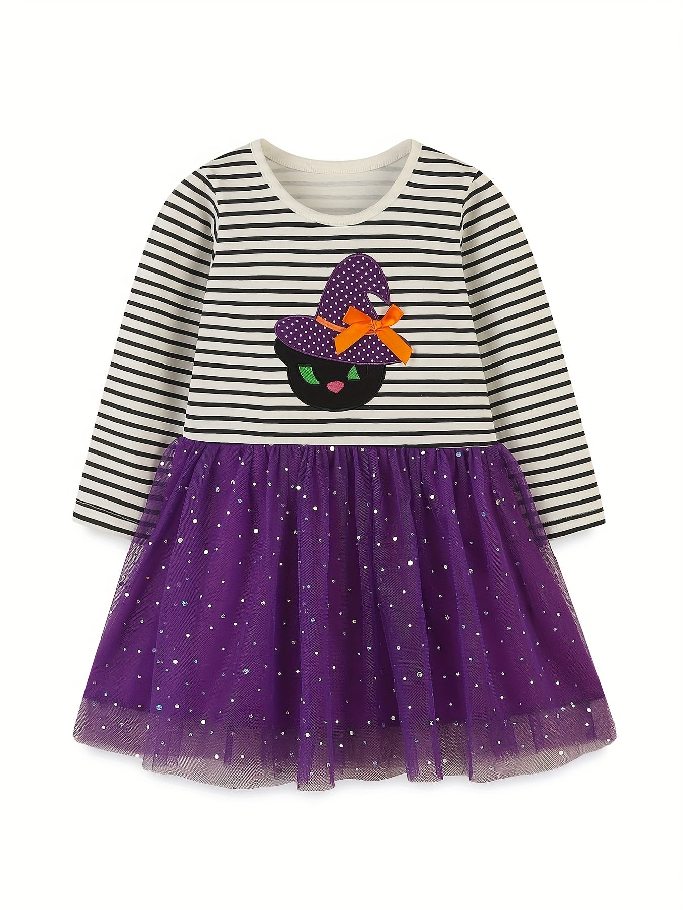 Halloween Witch Embroidered Striped Dress for Toddler Girls