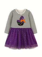 Halloween Witch Embroidered Striped Dress for Toddler Girls